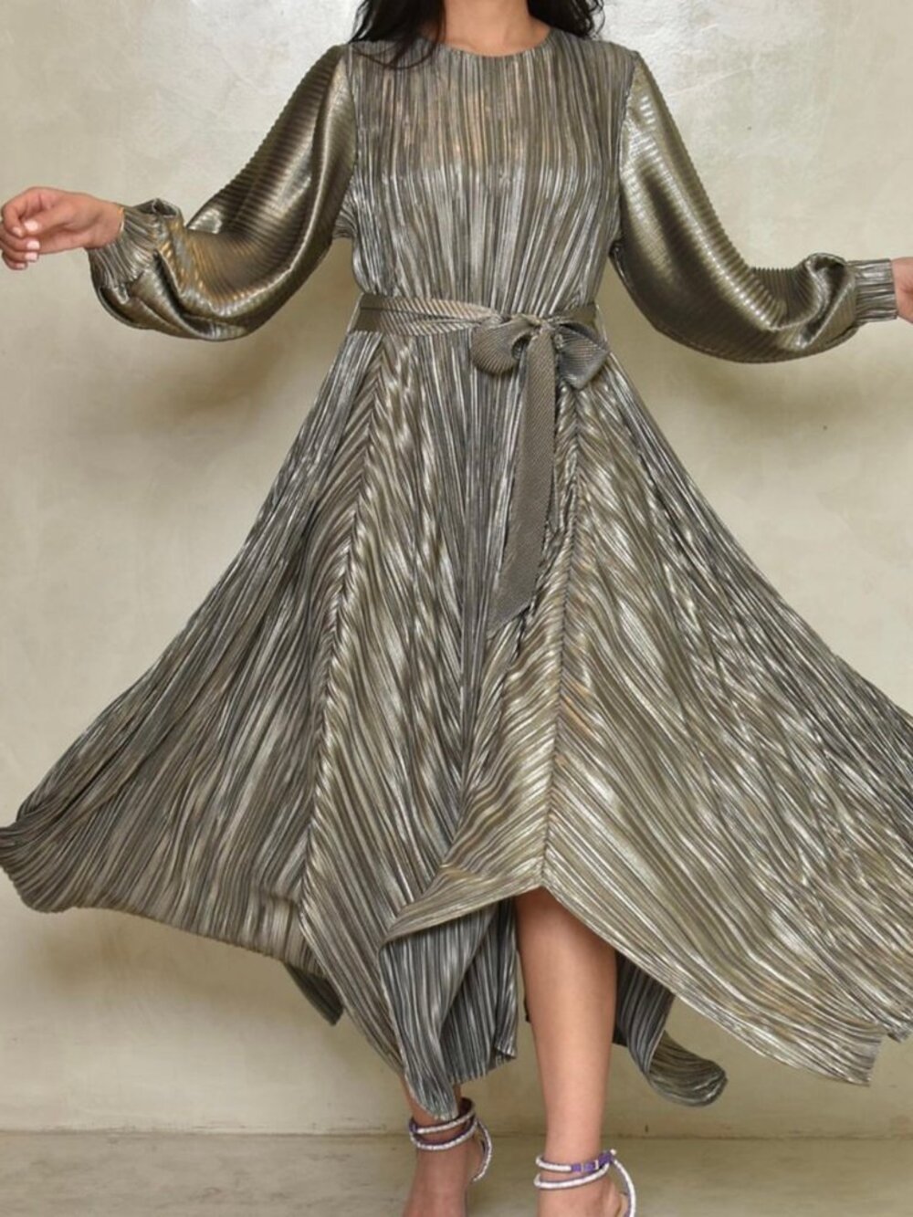 Pleated Metallic Adjustable Belted Long Sleeve Dress - Handkerchief Hem